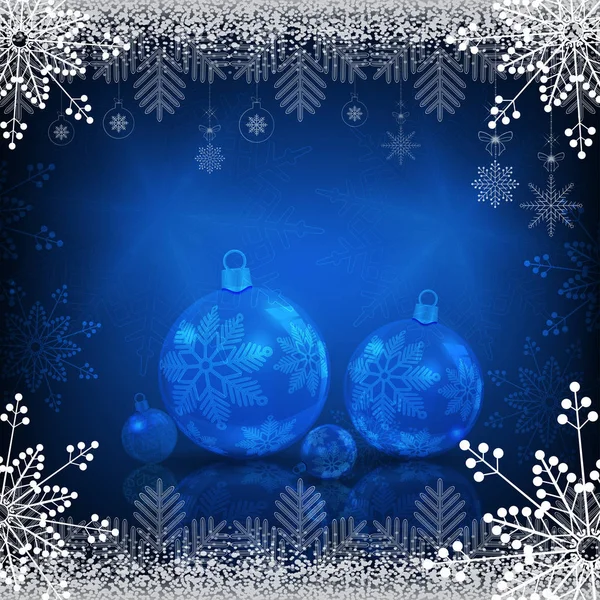 Fundo com flocos de neve e bolas de Natal com reflexo de espelho — Vetor de Stock