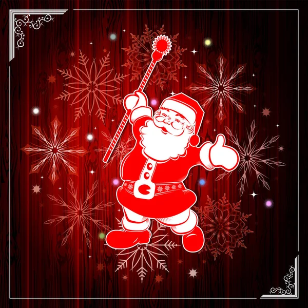 Weihnachtskomposition mit Silhouette aus hölzernem Schild, Weihnachtsmann mit erhobenem Stab und Schneeflocken. — Stockvektor