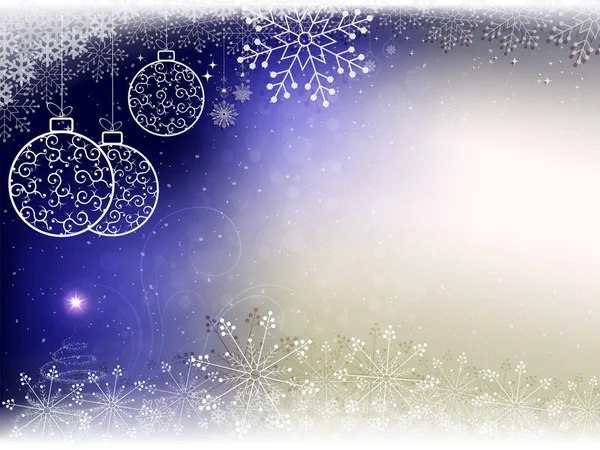 Karácsonyi kék háttér fehér golyó a retro stílus és a hópelyhek. — Stock Vector