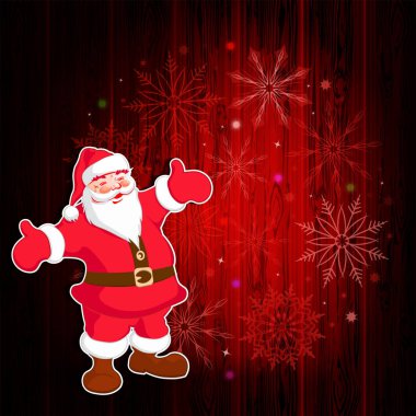 Ahşap bir kalkan Noel kırmızı kompozisyon bir siluet ile Noel Baba silah ile katlanmış, kar taneleri kümesi.