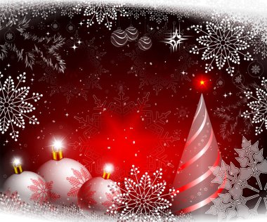 Topları ve soyut bir Noel ağacı Noel kırmızı arka plan.