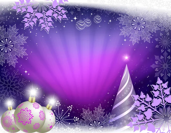 Weihnachtsgrußkarte in violetten Farben mit Lichtstrahlen, ein gestreifter Weihnachtsbaum. — Stockvektor