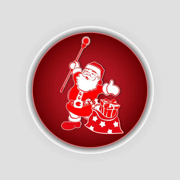 Runde rot-weiße Komposition mit Weihnachtsmann mit Stab und einer Tüte mit Sternen und verschiedenen Geschenken. — Stockvektor