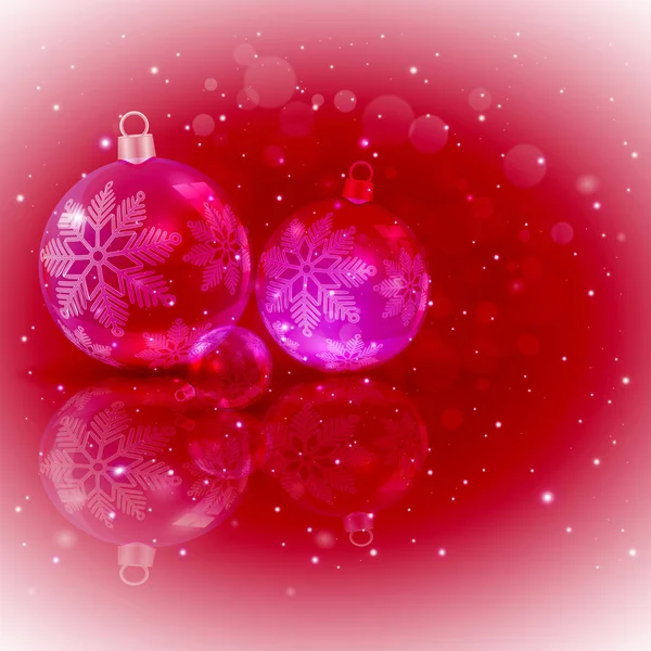 Navidad fondo rojo oscuro con un conjunto de bolas brillantes de Navidad con copos de nieve . — Vector de stock