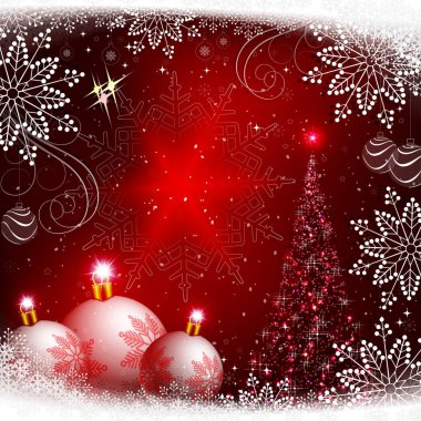 Christmas kırmızı arka plan beyaz toplar ve parlak kar tanesi ile.