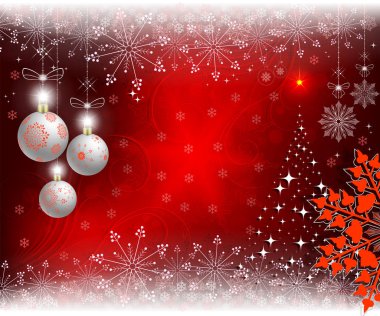 Christmas kırmızı arka plan ile parlak Noel ağacı ve kırmızı bir kar tanesi.