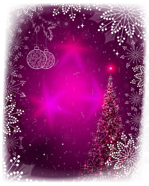 Carte de Noël avec épinette brillante, boules rétro du Nouvel An et flocons de neige brillants . — Image vectorielle