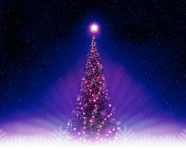 Carte postale bleu foncé, violet Noël avec sapin de Noël brillant . — Image vectorielle