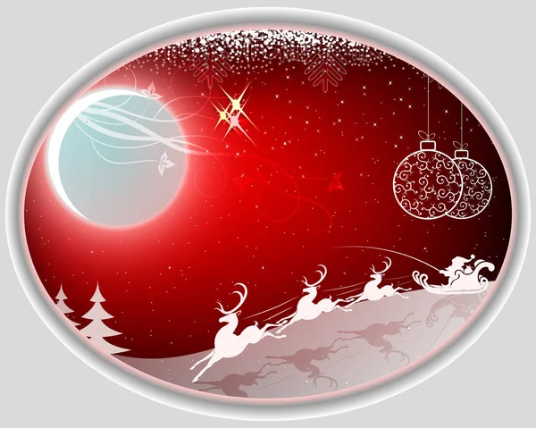 Weihnachten ovale Komposition mit Weihnachtsmann schnell unterwegs in einem Geschirr auf Rentieren und mit einem hellen Mond. — Stockvektor