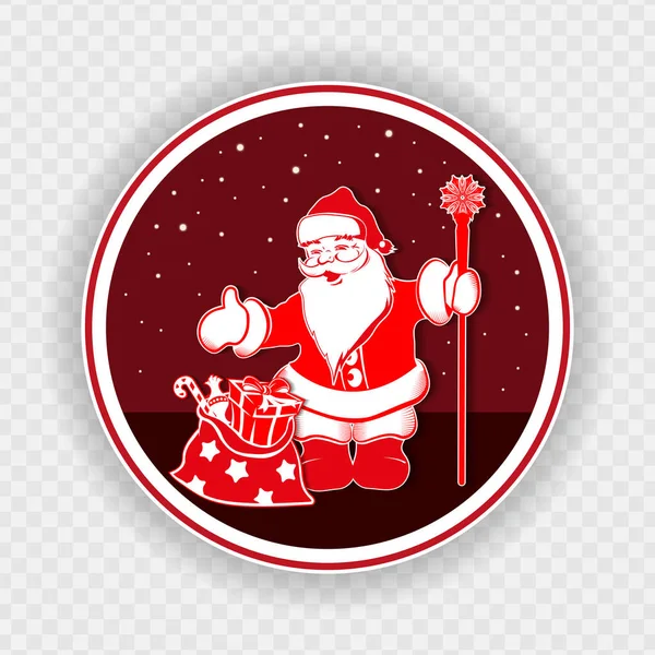 Świąteczne round czerwony znak z Santa Claus wzór z personelu i torby z różnego rodzaju prezenty. — Wektor stockowy