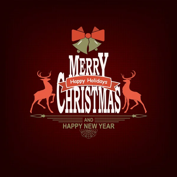 Christmas mörka röda sammansättning med rådjur, text, silhuetten av en snöflinga och klockor. — Stock vektor