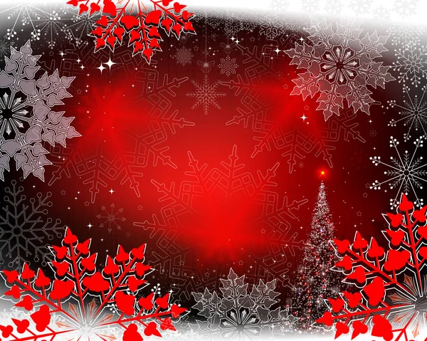 Bakgrund med stora röda snöflingor och en lysande julgran. — Stock vektor