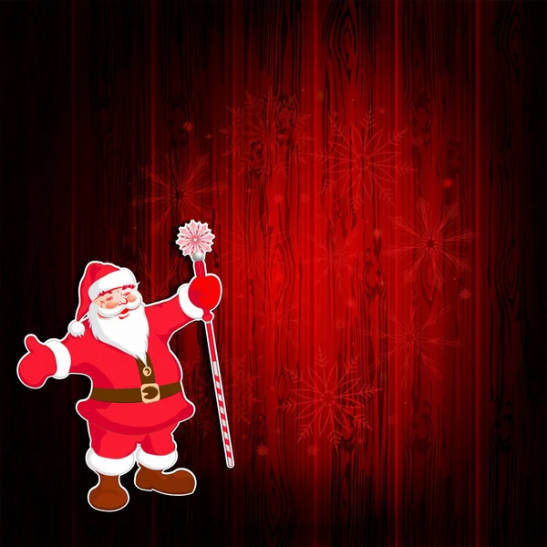 Natale composizione rossa con silhouette di scudo in legno, Babbo Natale con il personale sollevato, set di fiocchi di neve . — Vettoriale Stock