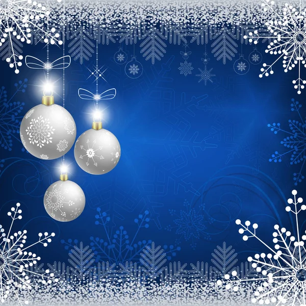Blå design med snöflingor och vita julgranskulor — Stock vektor