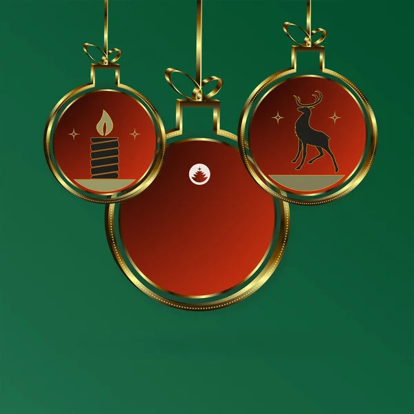 鹿とキャンドルのシルエットと抽象的な金枠ボール クリスマス組成. — ストックベクタ