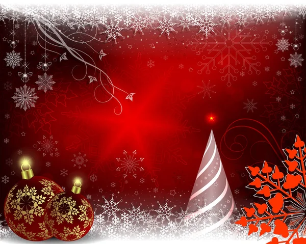 Weihnachtsroter Hintergrund mit Fichte, weinroten Weihnachtskugeln und einer roten Schneeflocke. — Stockvektor