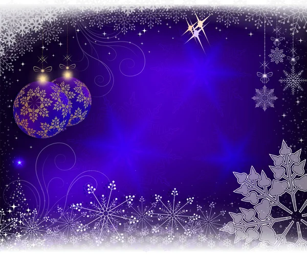 Christmas blue postcard, Komposition mit Glitzer und zwei Kugeln mit Schneeflocken. — Stockvektor