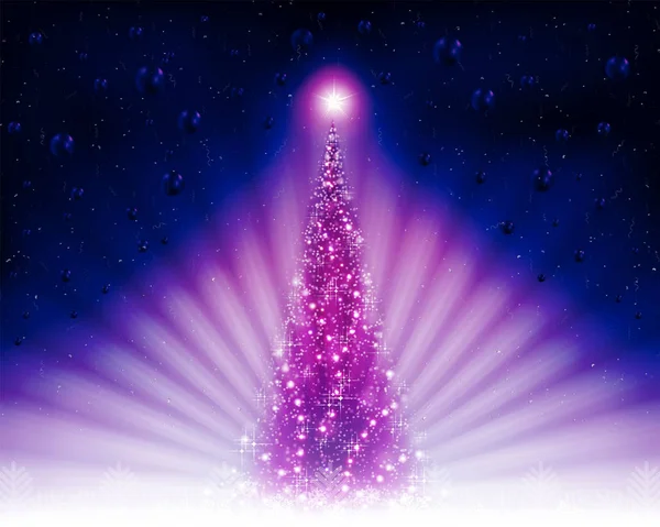 Weihnachtskarte mit einem lila-glänzenden Weihnachtsbaum, Lichtstrahlen. — Stockvektor