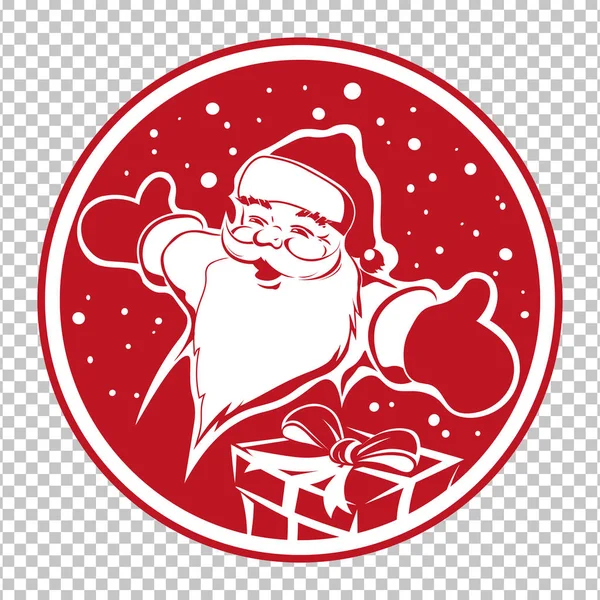 Natale segno rotondo rosso con la silhouette del viso Babbo Natale e confezione regalo . — Vettoriale Stock