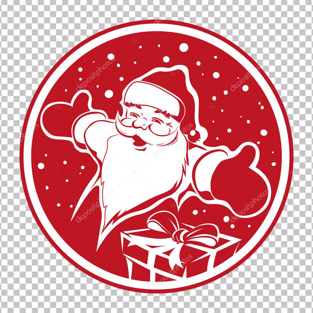 Christmas red round sign with face silhouette Santa Claus and gift box.