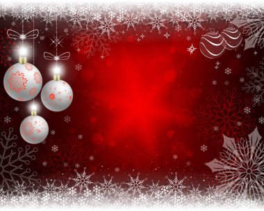 Christmas kırmızı arka plan beyaz toplar ve kar taneleri ile.