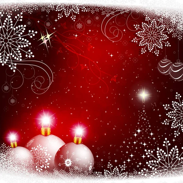 Weihnachten roter Hintergrund mit weißen Kugeln und einem Weihnachtsbaum. — Stockvektor