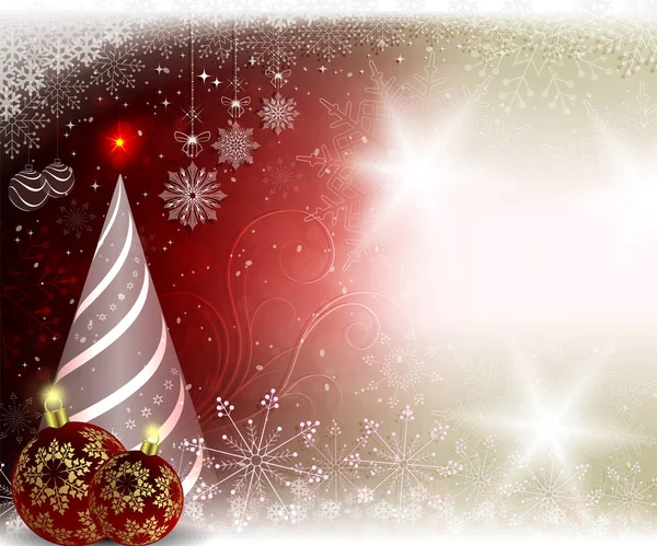 圣诞灯光红色背景与勃艮第球和圣诞树. — 图库矢量图片