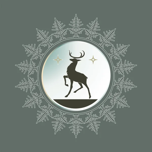 上げ足と鹿のシルエットと雪の結晶の形で円形フレーム. — ストックベクタ