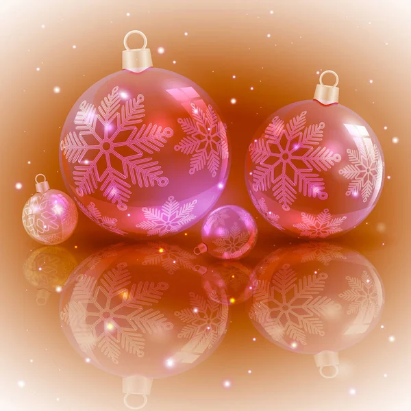 Χριστούγεννα φως ώχρα σχεδιασμό με μια σειρά από λαμπερό κόκκινο μπάλες Χριστούγεννα με νιφάδες χιονιού, — Διανυσματικό Αρχείο