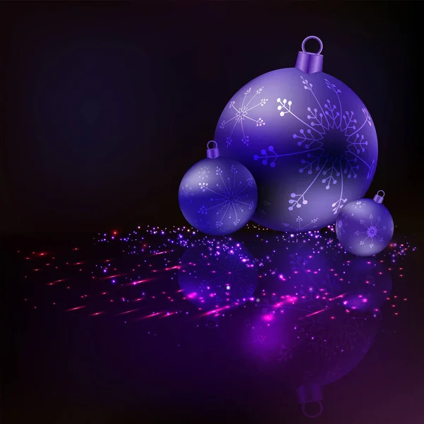 Christmas blå bakgrund med tre bollar med snöflingor och massor av glans. — Stock vektor