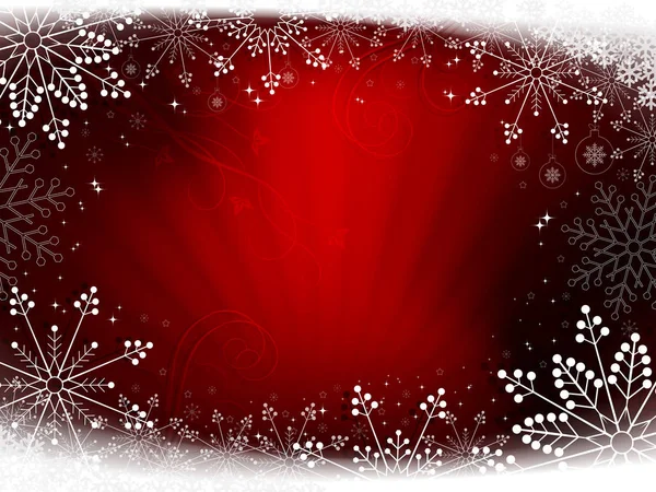 Conception de Noël rouge avec des rayons de lumière et de beaux flocons de neige . — Image vectorielle