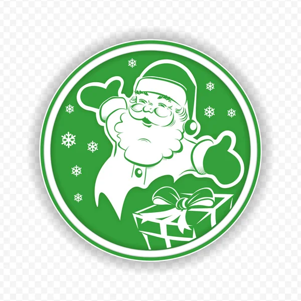 Weihnachtliches rundes grünes Schild mit Weihnachtsmann und Schachtel und Schneeflocken — Stockvektor