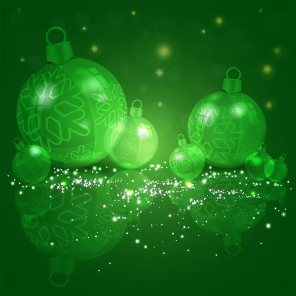 Christmas mörkgrön bakgrund med en uppsättning av blanka julgranskulor med snöflingor. — Stock vektor