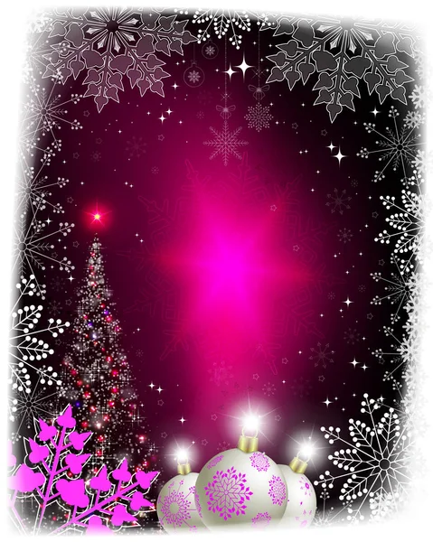 Рождественская розовая открытка с силуэтом сияющей елки . — стоковый вектор