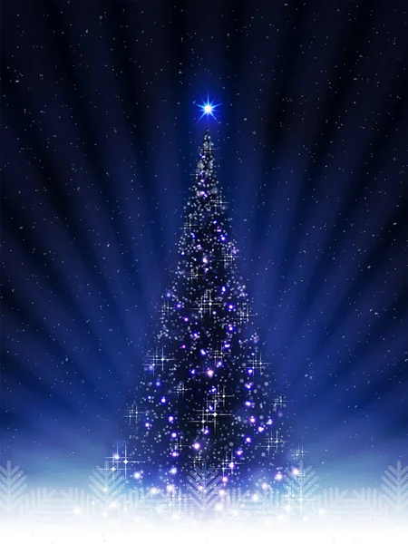 Рождественский голубой дизайн с блестящей елкой с лучами света . — стоковый вектор