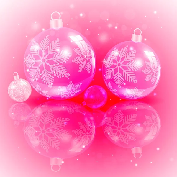 Weihnachten hellrosa Design mit einer Reihe von glänzenden Weihnachtskugeln mit Schneeflocken. — Stockvektor