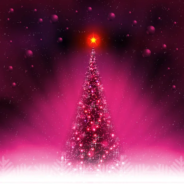 Tarjeta rosa con brillante árbol de Navidad, bolas brillantes y copos de nieve blancos . — Archivo Imágenes Vectoriales