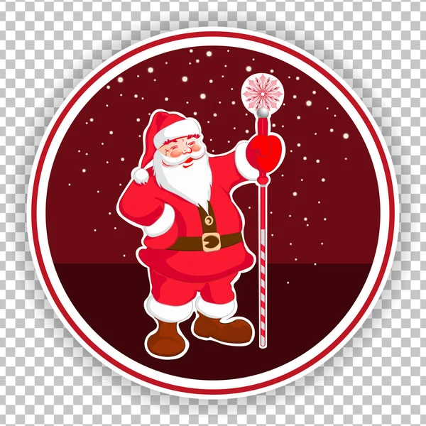 Weihnachtsrotes rundes Schild mit der Silhouette des Weihnachtsmannes mit Stab und Schneeflocken. — Stockvektor