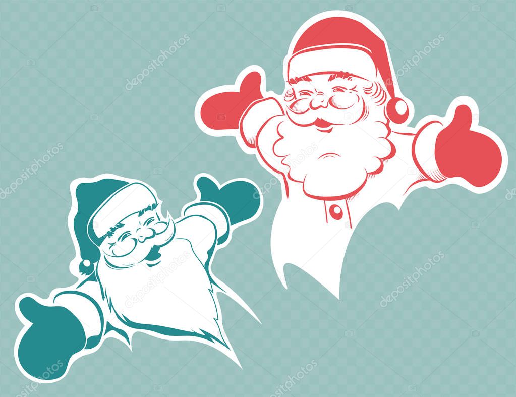 Christmas drawing of a cute Santa Claus silhouette with arms spread, set.