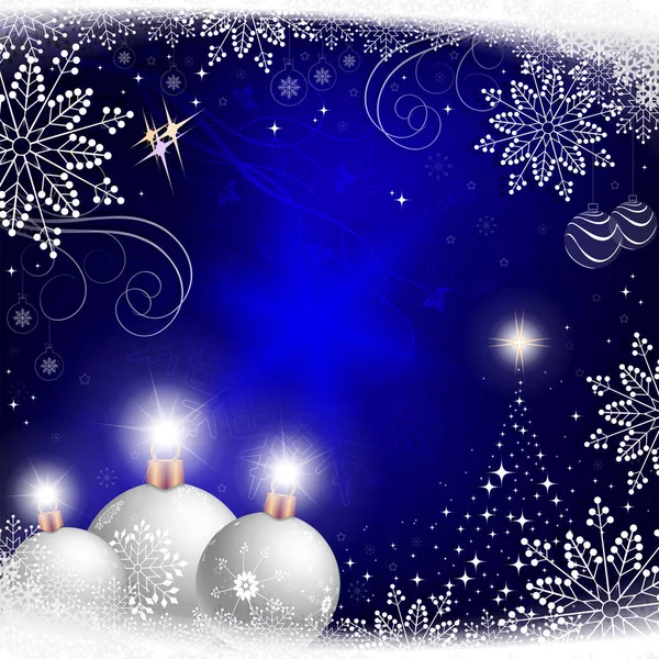 Christmas blue postcard, Komposition mit weißen Kugeln mit Schneeflocken und einem Weihnachtsbaum. — Stockvektor