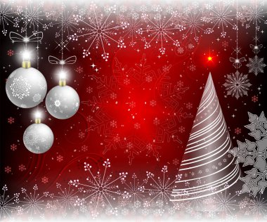 Christmas kırmızı arka plan şeffaf Ladin, kar tanesi ve beyaz Noel topları ile.