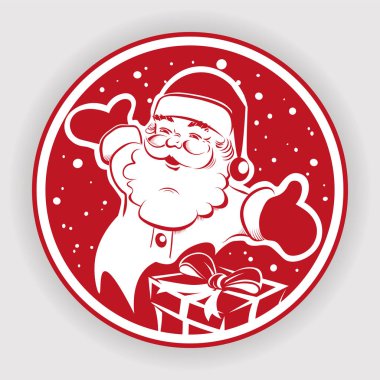 Christmas kırmızı yuvarlak işareti ile Noel Baba ayrı kollu ve hediye kutusu silüeti.