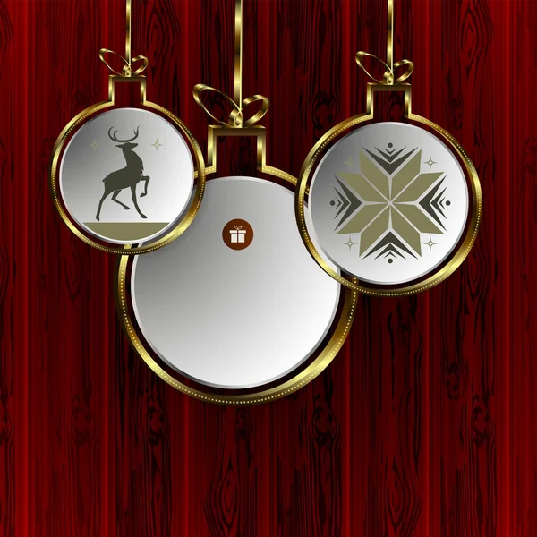 Weihnachtsrotes Design mit abstrakten Bildern von Kugeln mit goldenem Rand und Silhouetten von Hirschen und Schneeflocken. — Stockvektor