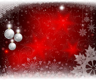 Christmas kırmızı arka plan beyaz toplar, kar taneleri ve küçük bir Noel ağaç