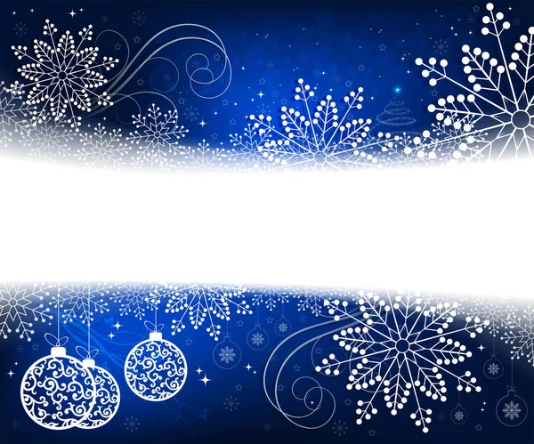 Diseño azul navideño con copos de nieve blancos y elegantes, pequeño árbol de Navidad abstracto y bolas en estilo retro — Vector de stock