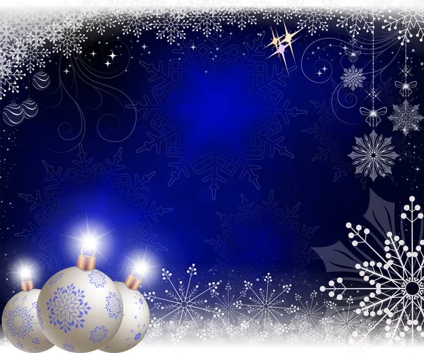 블루 크리스마스 엽서, 반짝임과 화이트 볼과 구성. — 스톡 벡터