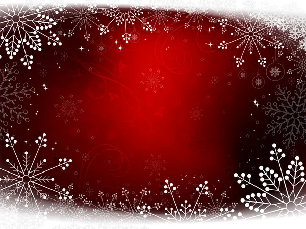 Fondo rojo navideño con muchos copos de nieve blancos — Vector de stock