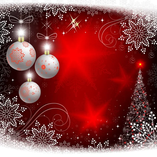 Christmas red background with white balls and with spruce. — Stock Vector