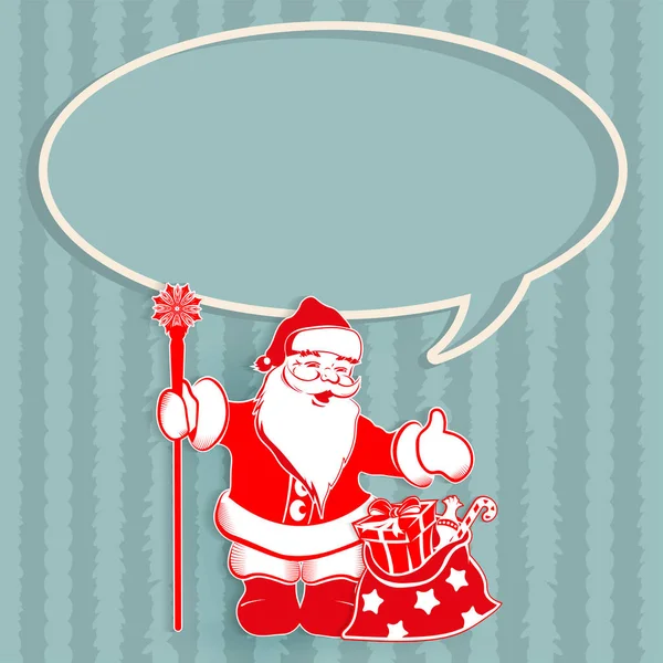 Composición turquesa de Navidad de un marco oval y Santa Claus con una bolsa de regalos . — Vector de stock