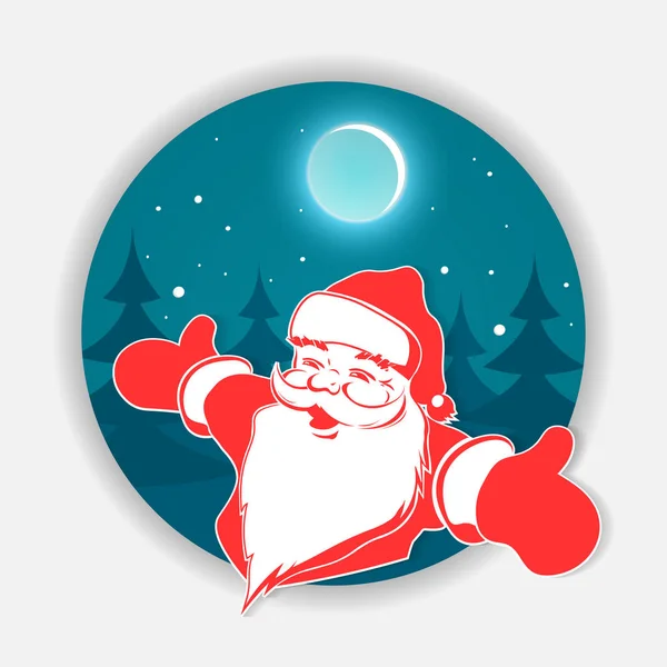 Weihnachtsblaues rundes Schild mit Weihnachtsbäumen und der Silhouette des Weihnachtsmannes. — Stockvektor